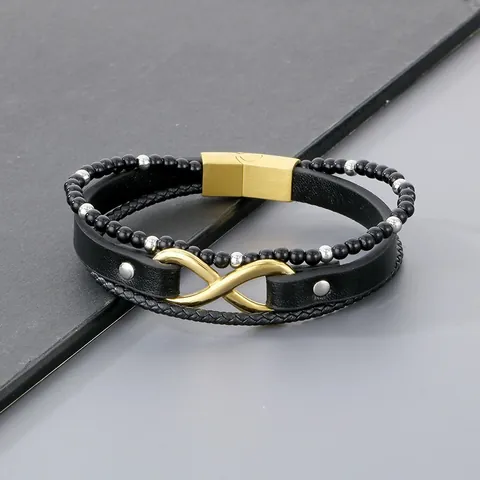 Men's Multilayer Infinity Bracelet With Stainless Steel Magnetic Clasp Braided Leather And Agate Beads Punk Retro Jewelry