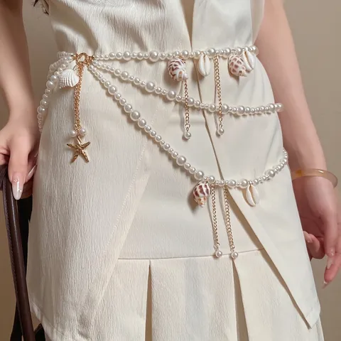 Chaîne de Taille Multicouche en Perles Artificielles pour Femmes Or Étoile de Mer Conque Pendentif Ceinture Vacances Océan Bijoux
