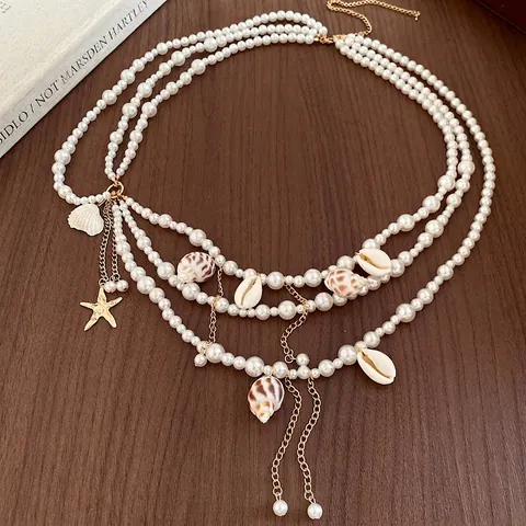 Chaîne de Taille Multicouche en Perles Artificielles pour Femmes Or Étoile de Mer Conque Pendentif Ceinture Vacances Océan Bijoux