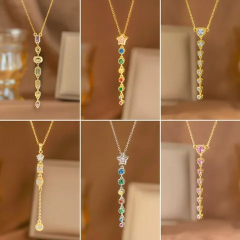 Titanium Steel Colorful Zirconia Y Shaped Tassel Necklace Luxury Heart Star Geometric Pendant Necklace For Women Jewelry Gift