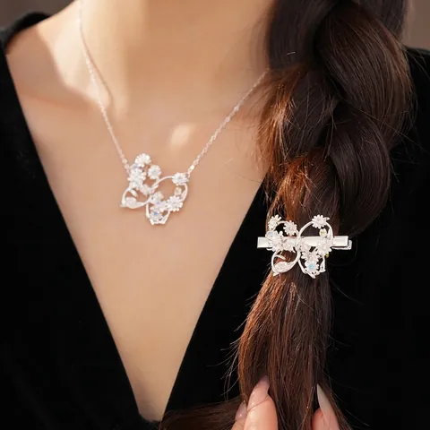 Vintage Schmetterling Blume Anhänger Halskette Haarklammer Set Für Damen Kupfer Zirkonia Eingelegt Luxus Ästhetik Schmuck
