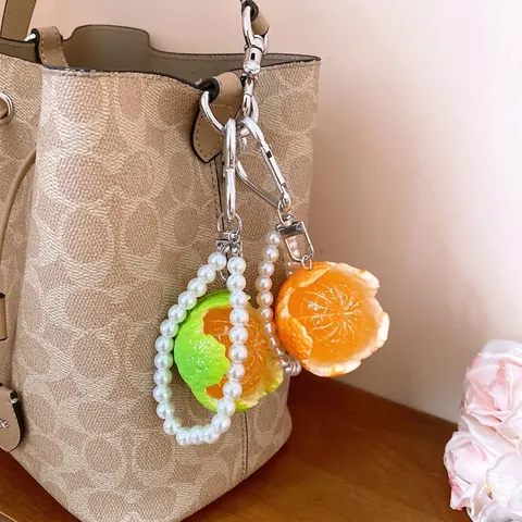 Simulations Orange Künstliche Perle Perlen Telefonband Schlüsselanhänger Realistische Frucht Tasche Anhänger Herz Verschluss Damen Zubehör