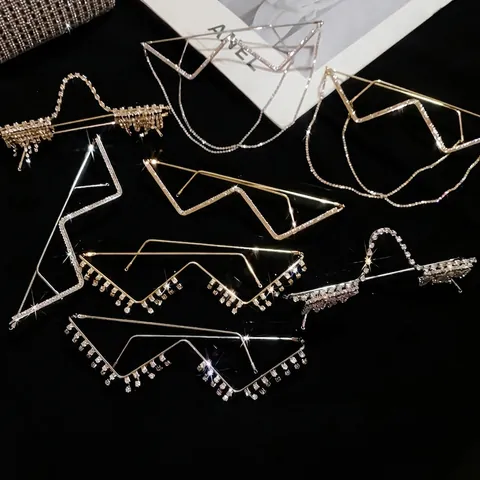 Monture de Lunettes Décorative en W sans Verre pour Femmes Lunettes Demi-Monture avec Strass et Franges pour Décoration de Photographie de Rue