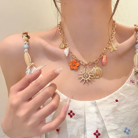 Emaille Seestern Muschel Seepferdchen Blume Anhänger Halskette Gold Legierung Meeresurlaub Charm Halskette Für Damen Strand Schmuck Geschenk
