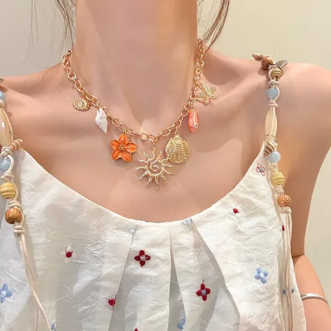 Emaille Seestern Muschel Seepferdchen Blume Anhänger Halskette Gold Legierung Meeresurlaub Charm Halskette Für Damen Strand Schmuck Geschenk
