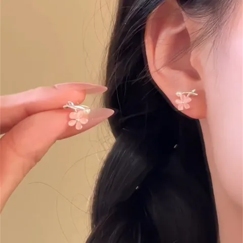 Exquisite Opal Flower Stud Earrings Pink Cherry Blossom Design Small Ethereal Jewelry With Silver Post For Women Gift
