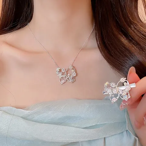 Schmuckset Damen Koreanischer Stil Zirkonia Blume Schmetterling Anhänger Halskette Und Haarklammer Versilbert Bunte Zirkonia Mode Schmuck