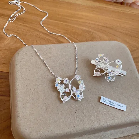 Schmuckset Damen Koreanischer Stil Zirkonia Blume Schmetterling Anhänger Halskette Und Haarklammer Versilbert Bunte Zirkonia Mode Schmuck