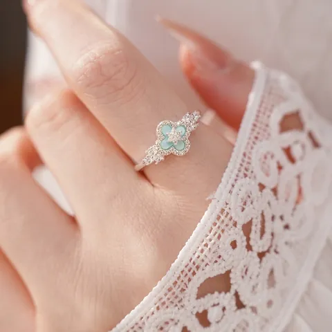 Elegant Copper Zirconia Four Leaf Clover Flower Open Ring For Women Adjustable Lucky Grass Inlaid Fashion Jewelry Finger Ring