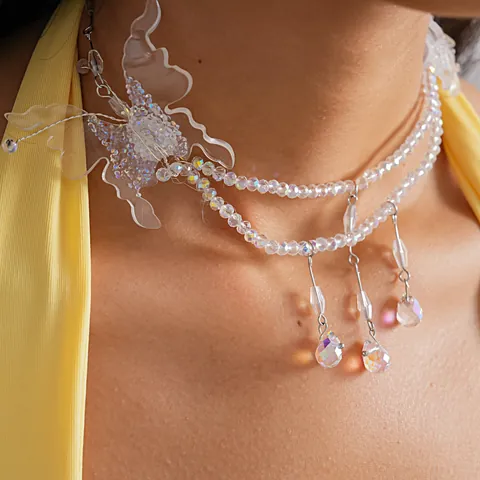 Fairy Iridescent Beaded Resin Butterfly Necklace and Ear Cuff Set Glass Crystal Teardrop Pendant Clavicle Chain Jewelry