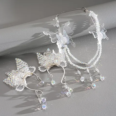 Fairy Iridescent Beaded Resin Butterfly Necklace and Ear Cuff Set Glass Crystal Teardrop Pendant Clavicle Chain Jewelry