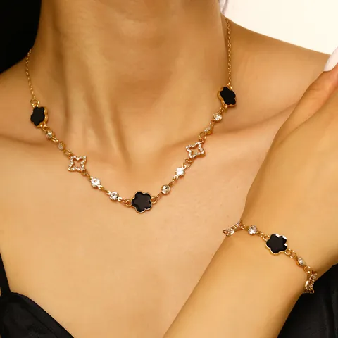 Fashion Alloy Rhinestone Four-Leaf Clover Star Pendant Necklace Bracelet Anklet Set Gold Plated Enamel Jewelry For Women