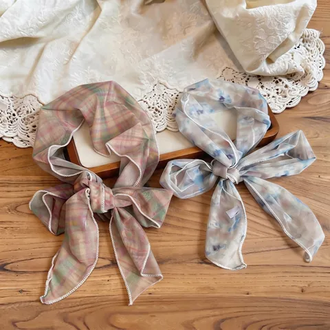 Fashion Sweet Mesh Scarf Thin Long Strip Scarf For Women Floral Plaid Pattern Decorative Neck Tie Bandana Spring Accessory