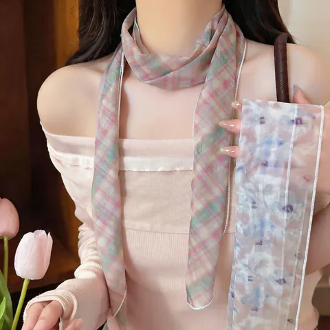 Fashion Sweet Mesh Scarf Thin Long Strip Scarf For Women Floral Plaid Pattern Decorative Neck Tie Bandana Spring Accessory