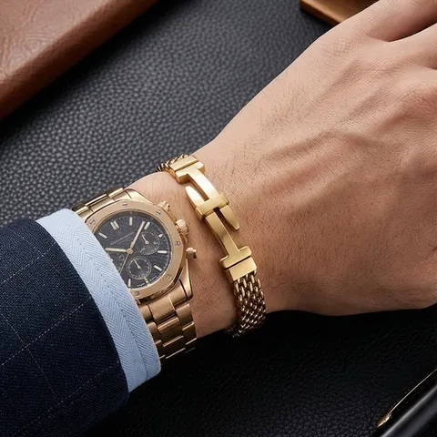 Men Stainless Steel Mesh Braided Chain Bracelet European American Hip Hop Punk Style Belt Buckle Curved Bar Hand Jewelry