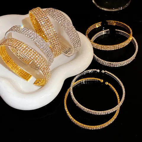 Exquisite Strass Mehrschichtige Offene Armreif Für Damen Gold Silber Vergoldet Kupfer Geometrisch Rund Verstellbar Leicht Luxus Schmuck Geschenk