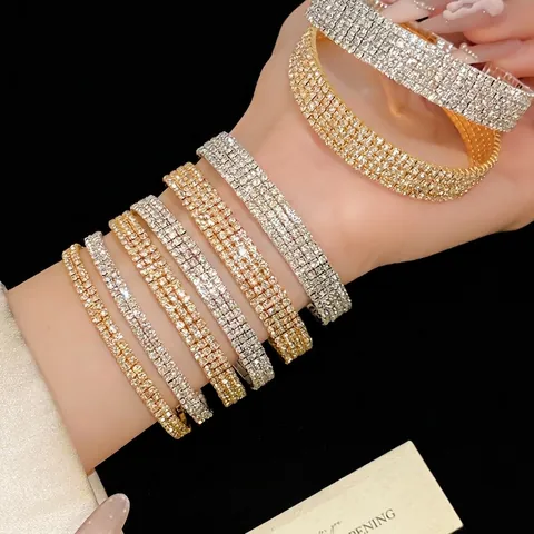 Exquisite Strass Mehrschichtige Offene Armreif Für Damen Gold Silber Vergoldet Kupfer Geometrisch Rund Verstellbar Leicht Luxus Schmuck Geschenk