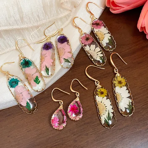Neo-Chinese Style Resin Dried Flower Hook Earrings Elegant Geometric Copper Earrings With Steel Post Handmade Botanical Jewelry For Women