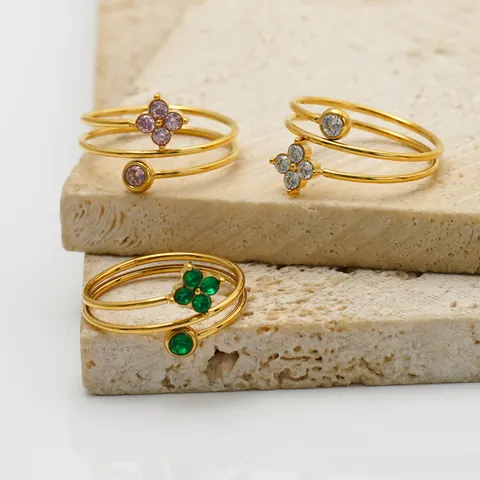Minimalist 304 Stainless Steel 18k Gold Plated Triple Layer Open Ring For Women Colorful Zirconia Clover Jewelry Gift