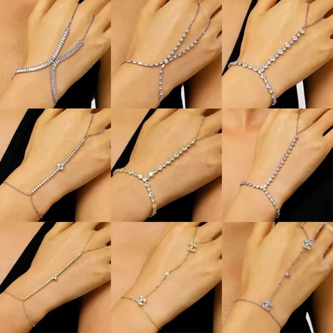 Luxueux Bracelet Bague en Cuivre et Zirconia pour Femmes Chaîne de Main en Forme de Y Ajustable Élégant Fleur Géométrique Bijoux