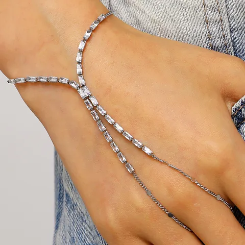 Luxueux Bracelet Bague en Cuivre et Zirconia pour Femmes Chaîne de Main en Forme de Y Ajustable Élégant Fleur Géométrique Bijoux