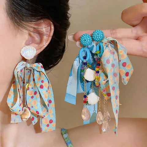 Lussuosi Orecchini Pendenti con Fiocco in Chiffon Conchiglia e Stella Marina Con Perno in Argento Sterling 925 Gioielli