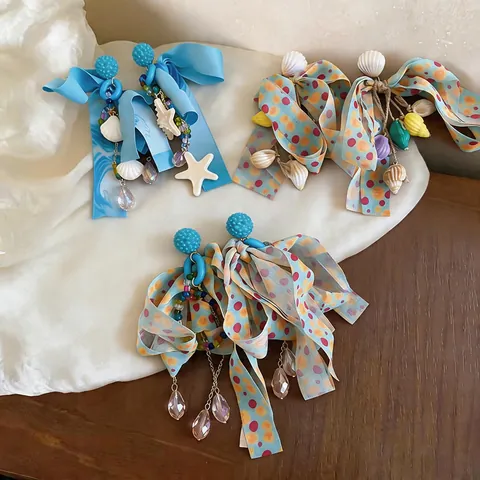 Lussuosi Orecchini Pendenti con Fiocco in Chiffon Conchiglia e Stella Marina Con Perno in Argento Sterling 925 Gioielli
