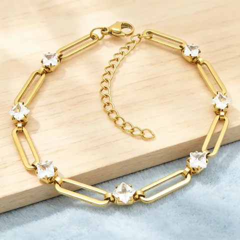 Minimalistische 304 Roestvrij Staal Ruit Strass Paperclip Ketting Armband Zoete Kleurrijke Steen Handsieraden Voor Dames