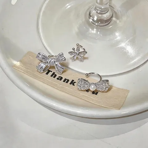 Zirconia Flower Bowknot Ear Cuffs For Women Non Pierced Copper Silver Plated Earrings With Artificial Pearl Fairy Design Jewelry