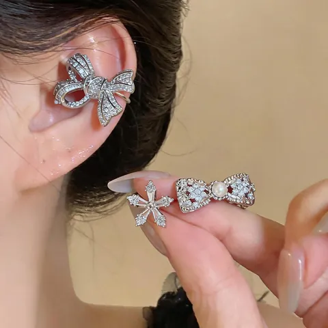 Zirconia Flower Bowknot Ear Cuffs For Women Non Pierced Copper Silver Plated Earrings With Artificial Pearl Fairy Design Jewelry
