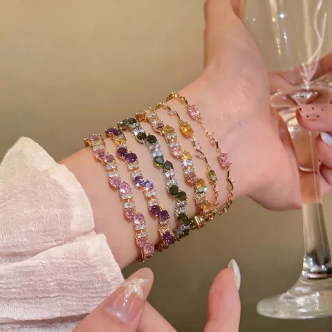 Franse Retro Koperen Zirconia Armband Voor Dames Lichte Luxe Geometrisch Rond Ovaal Gedraaid Ingelegde Kleurrijke Sieraden Cadeau