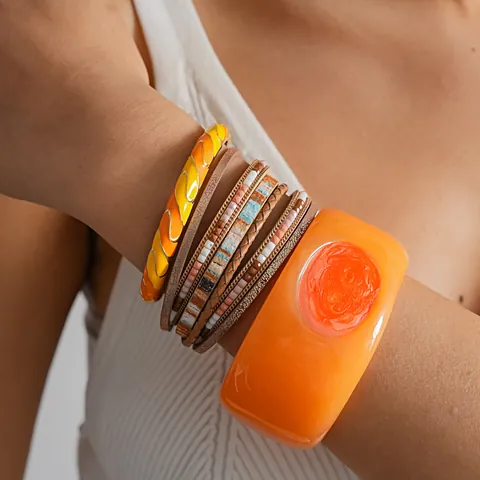Bohemian Multi Layer Leather Magnetic Bracelet For Women Enamel Drip Oil Geometric Metal Bangle Resin Cuff Bracelet Set Jewelry