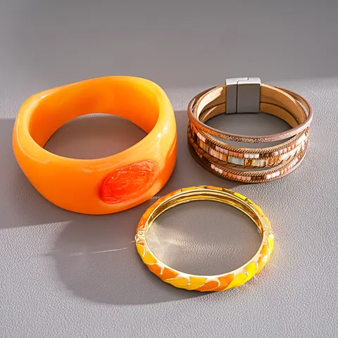 Bohemian Multi Layer Leather Magnetic Bracelet For Women Enamel Drip Oil Geometric Metal Bangle Resin Cuff Bracelet Set Jewelry