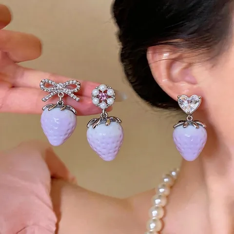 Süßes Lila Erdbeere Schmuckset Für Damen Kupfer Harz Künstliche Perle Herz Schleife Halskette Ohrringe Mit 925 Silber Stift