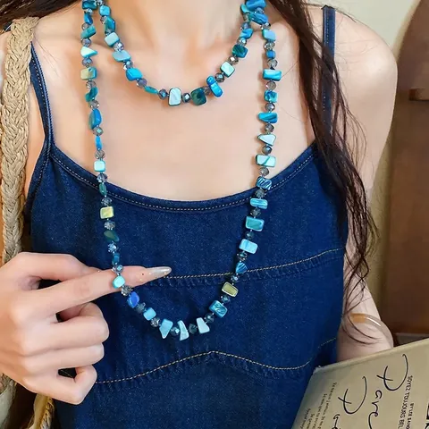 Quadratische Muschel Perlen Halskette Blau Glas Kristall Perle Mode Lange Pullover Kette Für Damen Schmuck
