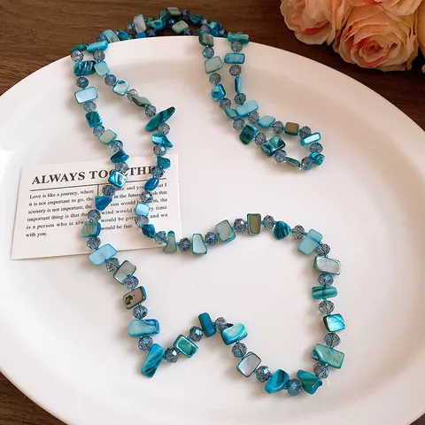 Quadratische Muschel Perlen Halskette Blau Glas Kristall Perle Mode Lange Pullover Kette Für Damen Schmuck