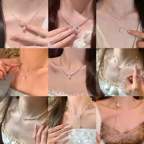 Korean Style Light Luxury Artificial Pearl Pendant Necklace Copper Rhinestone Floral Butterfly Bow Knot Clavicle Chain For Women Jewelry
