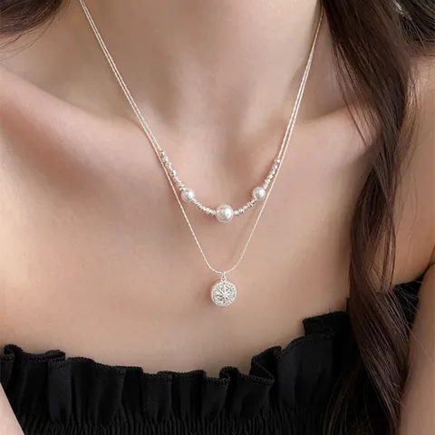 Collar con Colgante de Estrella del Norte y Perla de Circonia para Mujer Doble Capa Aleación Plateada Cadena de Clavícula Joyería Moda