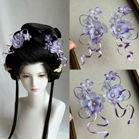New Chinese Style Chiffon Flower Hair Clip Long Satin Ribbon Tassel Artificial Pearl Ancient Ancient Style Hanfu Headwear For Women