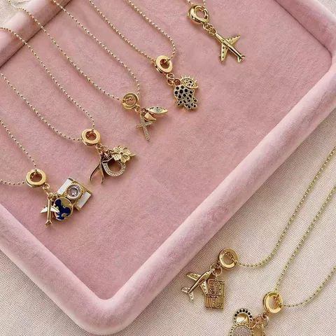 Collier Pendentif Voyage Spatial pour Femmes en Cuivre Plaqué Or Chaîne à Billes Avion Globe Strass Bijoux Accessoires