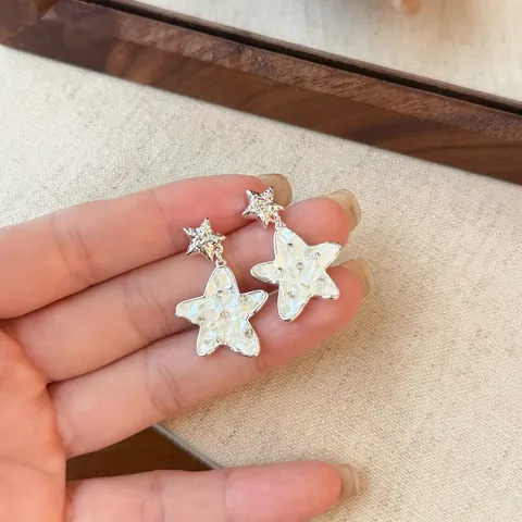 Pendientes Colgantes de Doble Estrella de Mar de Color Plata Delicados para Mujer Vacaciones en la Playa Strass Incrustado Joyería de Moda Regalo