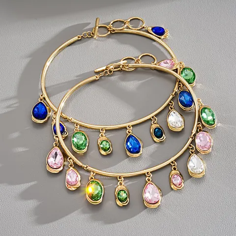 Luxury Alloy Rhinestone Choker Necklace For Women Vintage European Style Colorful Pear Shaped Gemstone Pendant Necklace Jewelry Gift