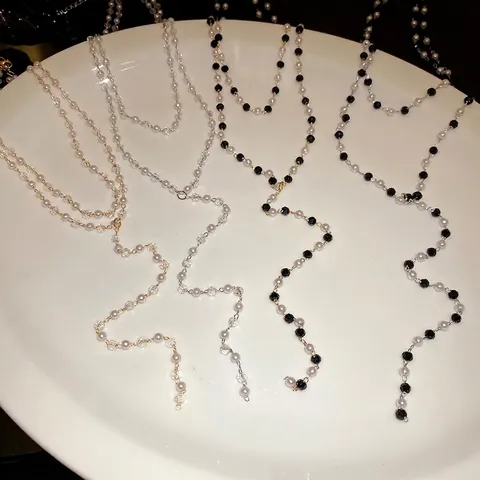 European Style Artificial Pearl Glass Beaded Tassel Necklace Retro Fashion Clavicle Chain Light Luxury Y-Shaped Lariat For Women