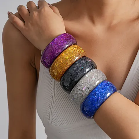 Europese Amerikaanse Stijl Hars Armring Kleurrijke Ster Sneeuwvlok Pailletten Breed Rond Glitter Armband Voor Vrouwen