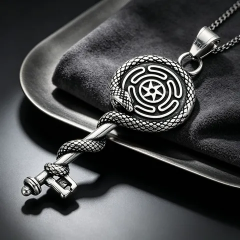 Vintage Stainless Steel Mystic Symbol Key Pendant Gothic Hecate Wheel Ouroboros Cross Snake Maze Necklace Pendant For Men Jewelry