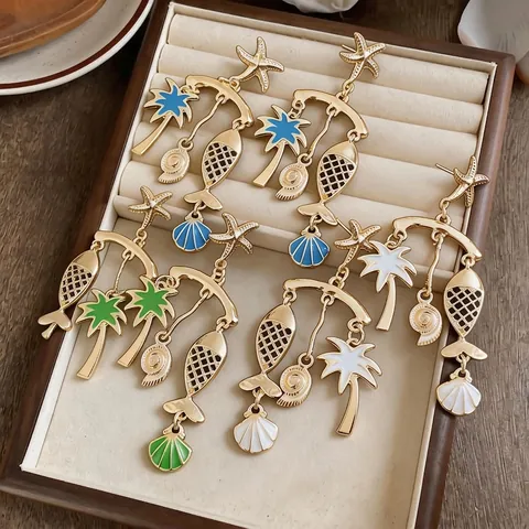 Orecchini a Goccia in Lega Vintage Tema Oceano Goccia d'Olio Con Perno in Argento Sterling 925 per Donna Stella Marina Pesce Palma di Cocco Gioielli per Vacanze Tropicali