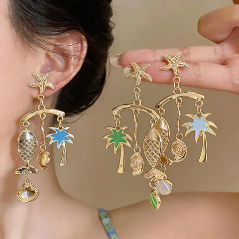 Orecchini a Goccia in Lega Vintage Tema Oceano Goccia d'Olio Con Perno in Argento Sterling 925 per Donna Stella Marina Pesce Palma di Cocco Gioielli per Vacanze Tropicali