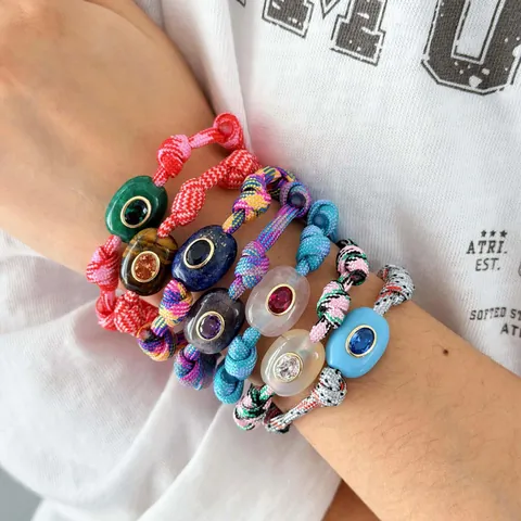 Bracelet en Corde Tissé à la Main Bohème Pierre Naturelle Mauvais Œil Couleur Dopamine Bracelet Ethnique Réglable pour Homme Femme