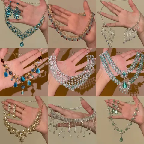 Exquisite Stainless Steel Rhinestone Pendant Necklace And Earrings Jewelry Set Vintage Palace Floral Beaded Choker For Women