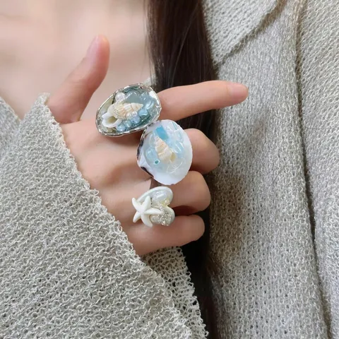 Anello in Lega di Boemia a Forma di Stella Marina e Conchiglia per Donna Perla Artificiale Strass Tema Oceano Gioielli per Vacanze al Mare Anello Aperto Regolabile